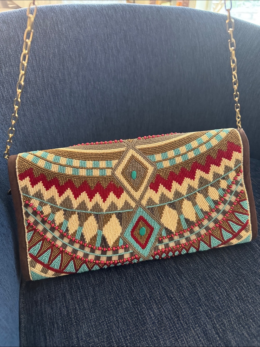 Mary Frances Turquoise, Red & Cream Beaded Envelope Clutch with Stone Accent - Picture 5 of 5